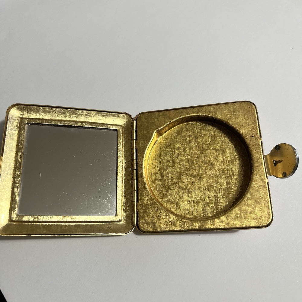 AVON Gold Tone w Floral Rhinestone Catch Latch Loose Powder Compact VINTAGE - Picture 12 of 15
